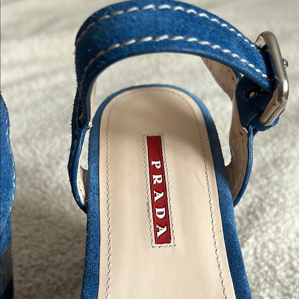 Prada Blue Sandals with Contrast Stitching and Buckle Detail